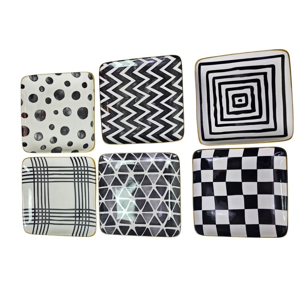 OVER AND BACK Black White Whimsy Appetizer Dessert Ceramic Square Plate Set of 6